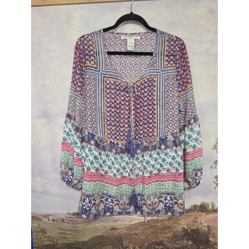American Rag Cie Boho Patchwork Floral Tassel Peasant Tunic Blouse Size XL